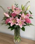 Elegant Pink Lily Artificial Flower Arrangement in Glass Vase