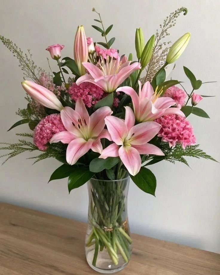 Elegant Pink Lily Artificial Flower Arrangement in Glass Vase