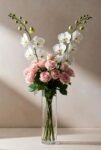 Luxury Pink Roses & White Orchid Artificial Flower Arrangement in Tall Glass Vase