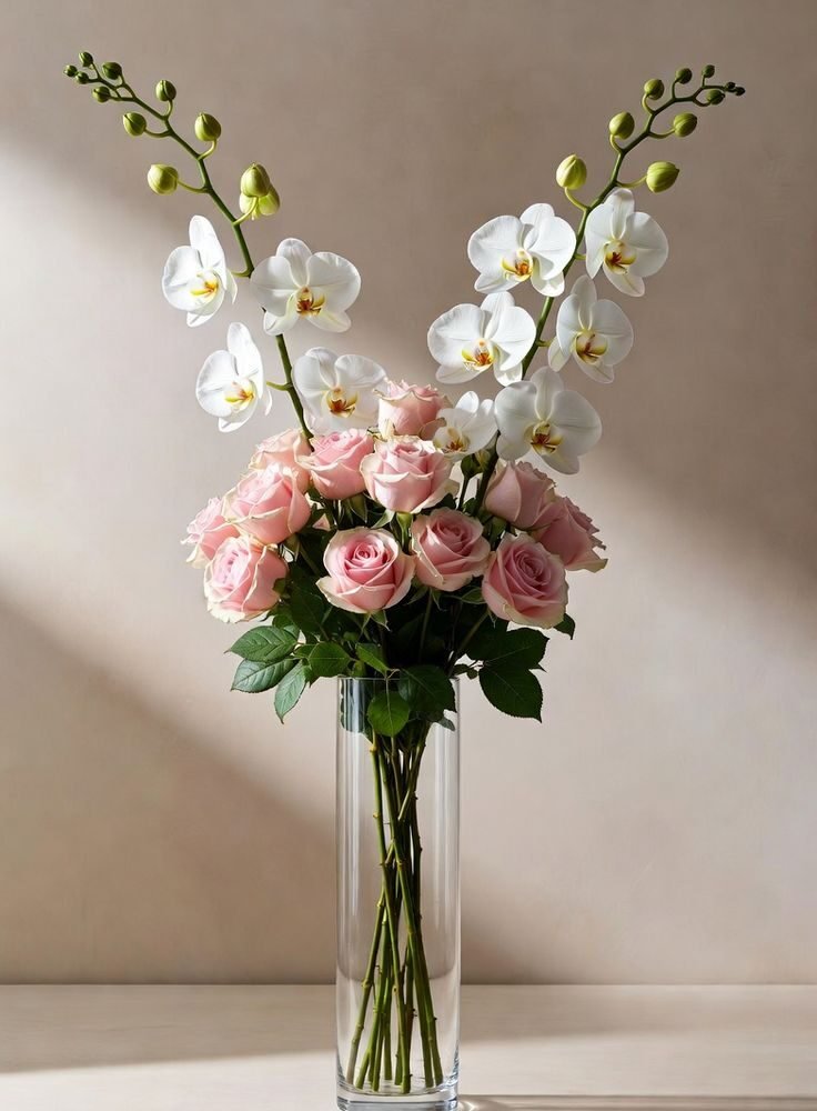 Luxury Pink Roses & White Orchid Artificial Flower Arrangement in Tall Glass Vase