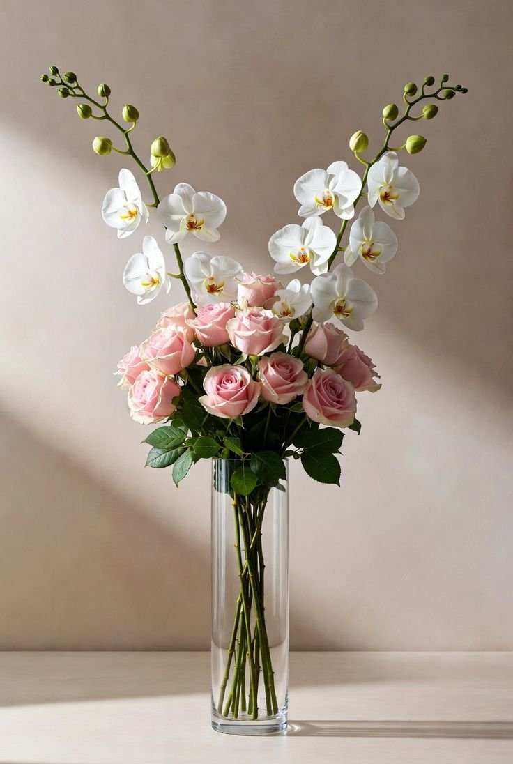 Luxury Pink Roses & White Orchid Artificial Flower Arrangement in Tall Glass Vase